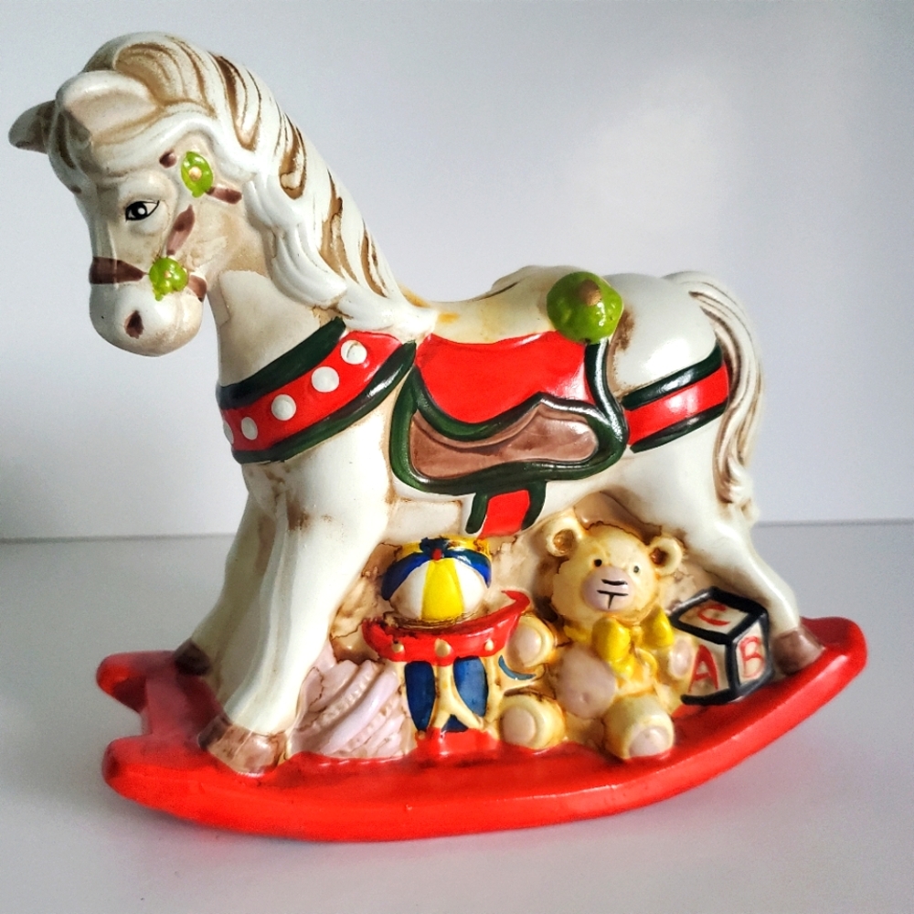 VINTAGE Rocking Horse Piggy Bank Teddy & Toys Holiday Enesco 80s Rare Find
